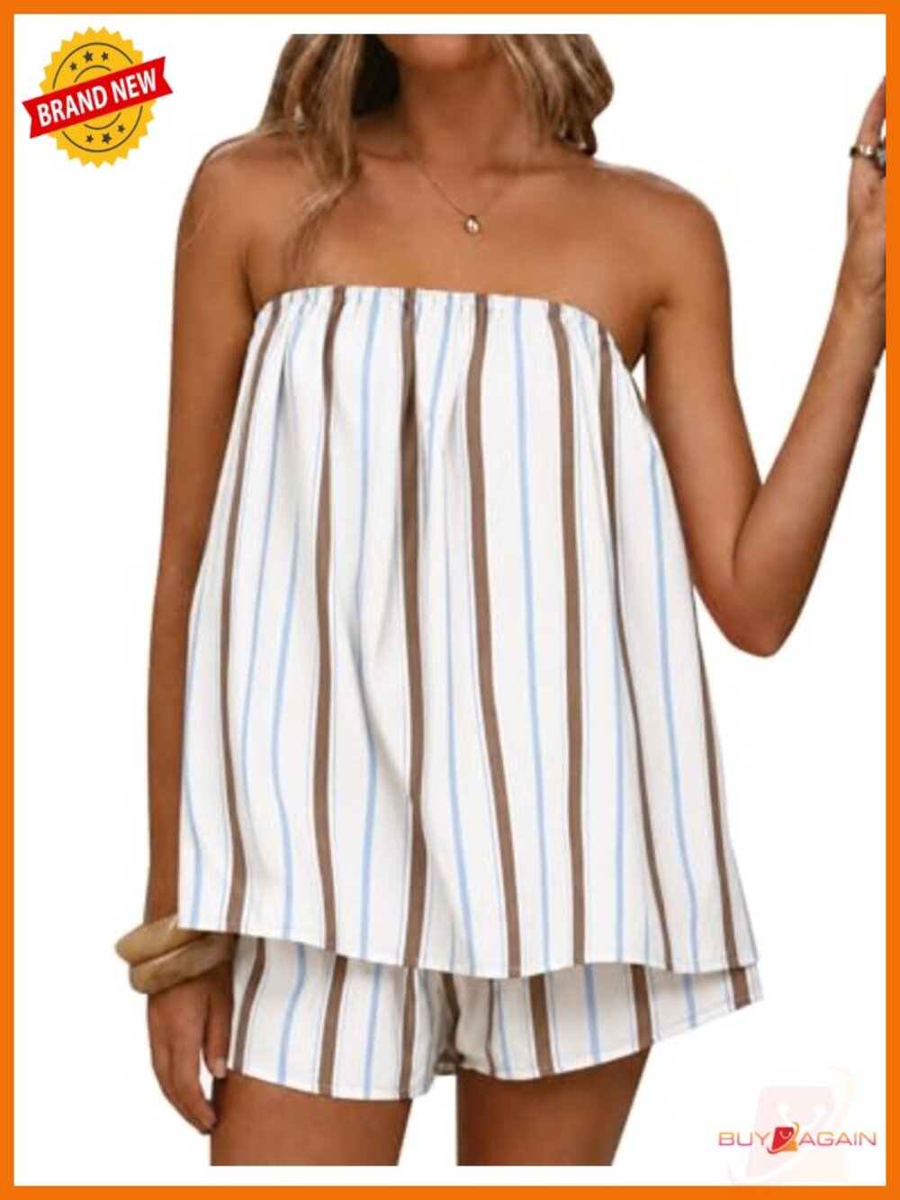 Women's Cotton Blend Striped 2-Piece Tube Top and Shorts Set Summer Vacation